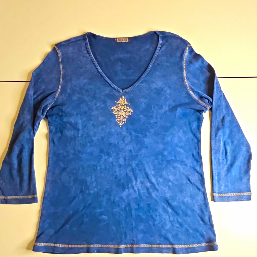Vintage Y2K Xcit USA Womens XL Blue Mineral Wash Rhinestone V Neck Top USA